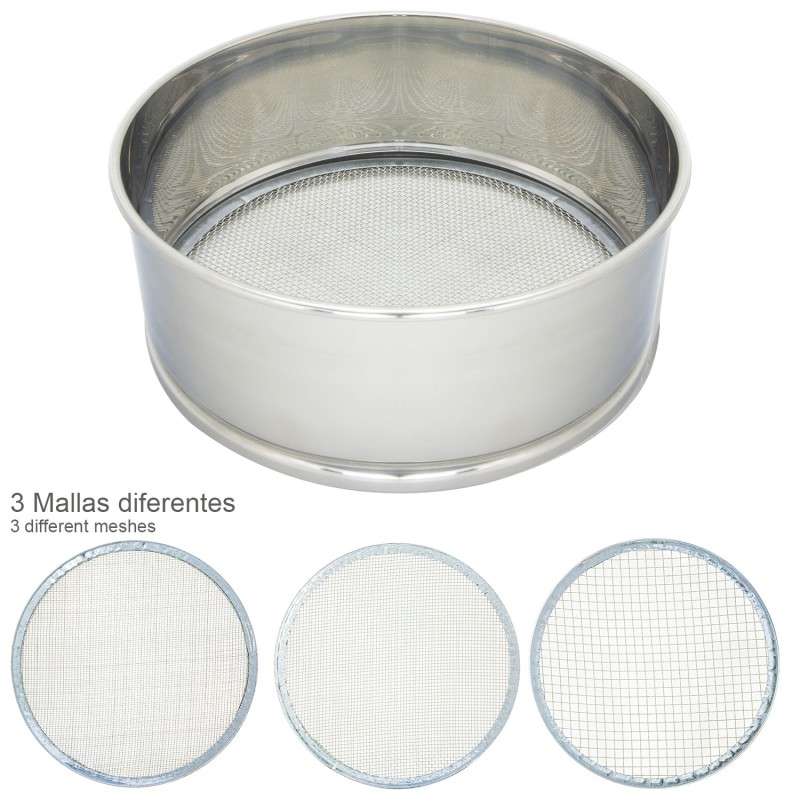 Harinero Tamizador Acero Inoxidable Ø 20 cm, Con 3 Mallas Intercambiables