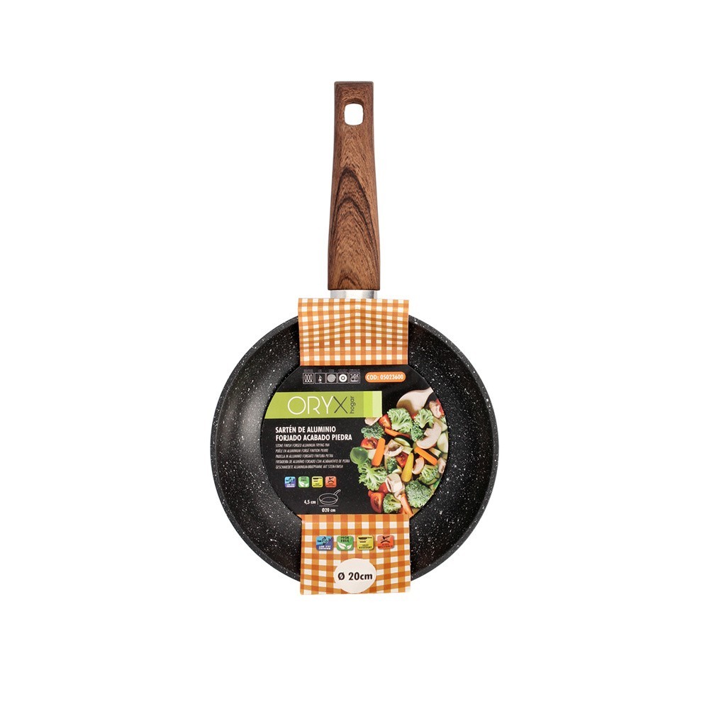 Sarten Aluminio Forjado Antiadherente Ø 20 x 4,5 cm, Mango Engomado / 5 capas / Acabado Piedra / Apta Para Todo Tipo de Cocinas 