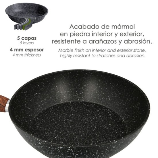 Sarten Aluminio Forjado Antiadherente Ø 28 x 5,5 cm, Mango Engomado / 5 capas / Acabado Piedra / Apta Para Todo Tipo de Cocinas 
