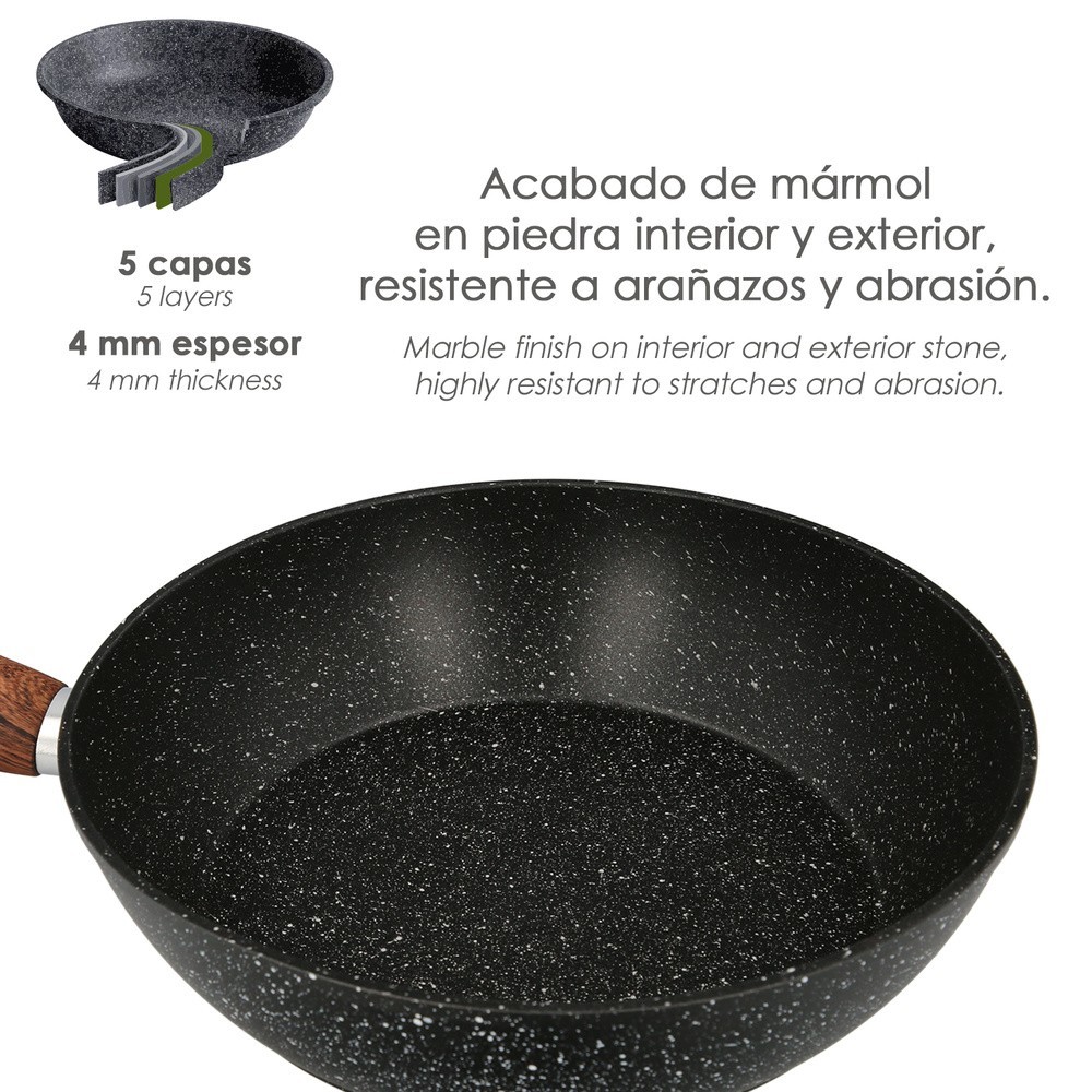 Sarten Aluminio Forjado Antiadherente Ø 28 x 5,5 cm, Mango Engomado / 5 capas / Acabado Piedra / Apta Para Todo Tipo de Cocinas 