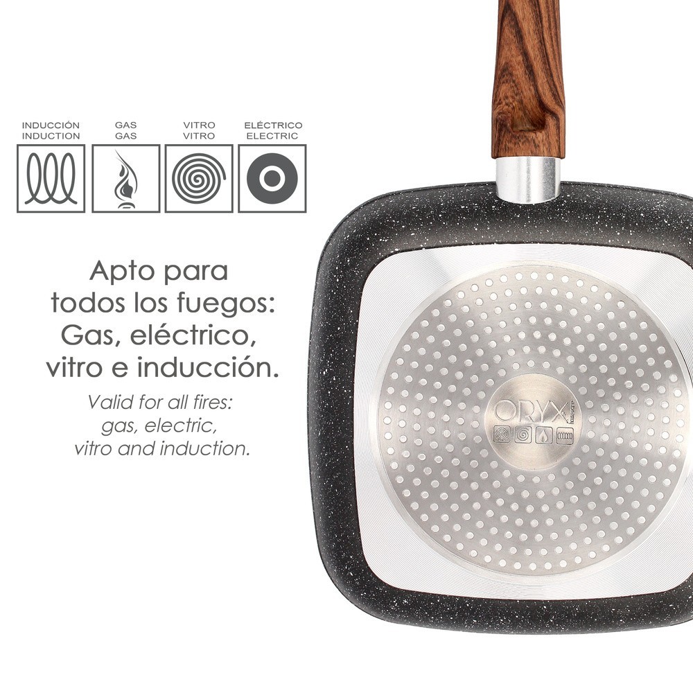 Sarten Aluminio Forjado Antiadherente 24x24x4,5 cm, Mango Engomado / 5 capas / Acabado Piedra / Todo Tipo de Cocinas / Grill al 