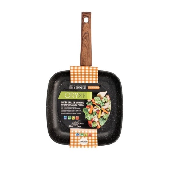 Sarten Aluminio Forjado Antiadherente 24x24x4,5 cm, Mango Engomado / 5 capas / Acabado Piedra / Todo Tipo de Cocinas / Grill al 