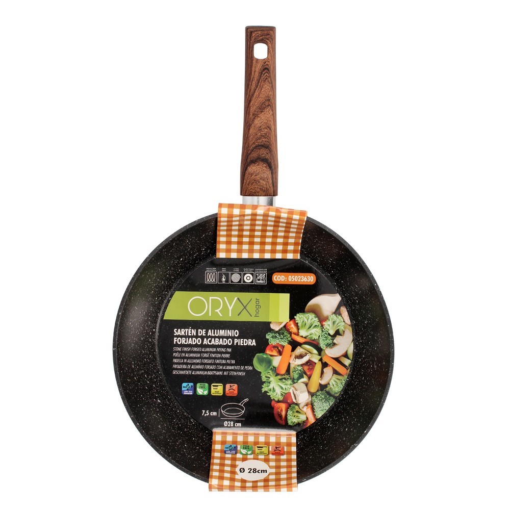 Sarten Honda Aluminio Forjado Antiadherente Ø 28x7,5 cm, Mango Engomado / 5 capas / Acabado Piedra / Para Todo Tipo de Cocinas a