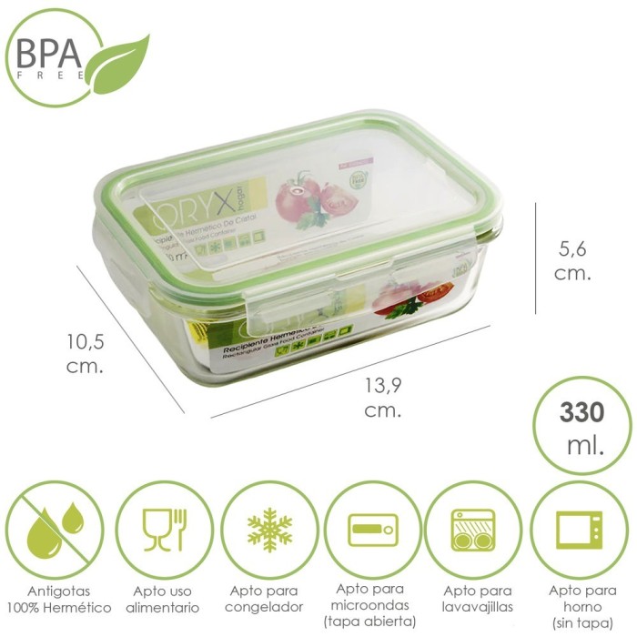 Recipiente Hermetico Cristal Rectangular  330 ml, 13,9 x 10,5 x 5,6 (alt) cm, al por Mayor | Almacén de Ferretería
