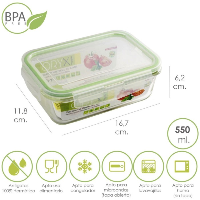 Recipiente Hermetico Cristal Rectangular 550 ml, 16,7 x 11,8 x 6,2 (alt) cm, al por Mayor | Almacén de Ferretería
