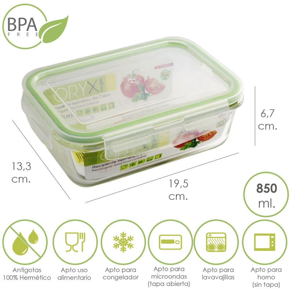 Recipiente Hermetico Cristal Rectangular 850 ml, 19,5 x 13,3 x 6,7 (alt) cm, al por Mayor | Almacén de Ferretería