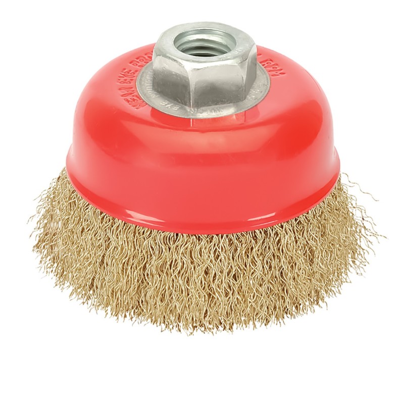 Cepillo Taza Con Alambre De Acero Latonado Rosca M14, Ø 120 mm, Alambre de Ø 0,30 mm,