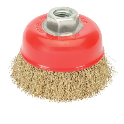 Cepillo Taza Con Alambre De Acero Latonado Rosca M14, Ø 120 mm, Alambre de Ø 0,30 mm,