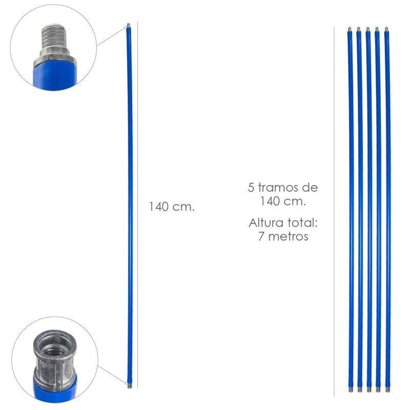 Mastil Deshollinador 5 tramos de 140 cm, (7 metros  x Ø 20 mm,)