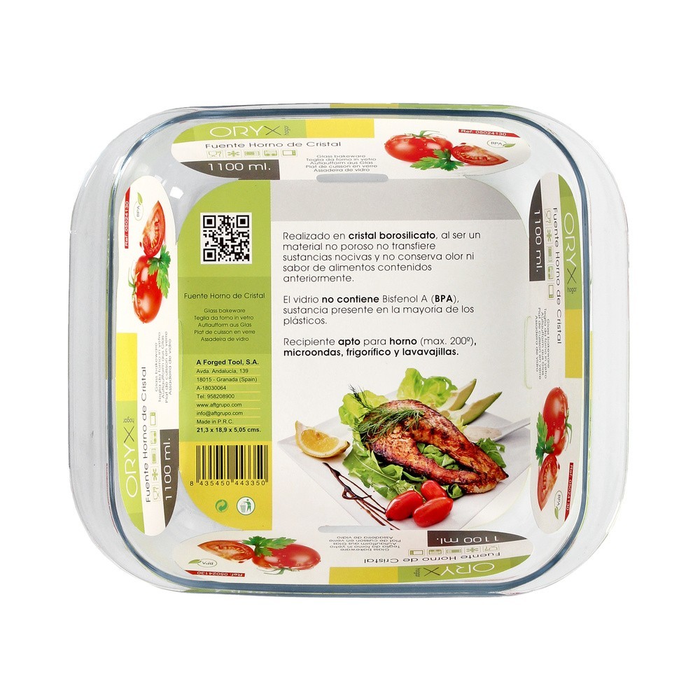 Fuente Horno Cristal Borosilicato Cuadrada 1,1litros, 18x18 cm, Ideal Meclas, Ensaladas, Postres, Cocina, Resposteria, Libre BPA
