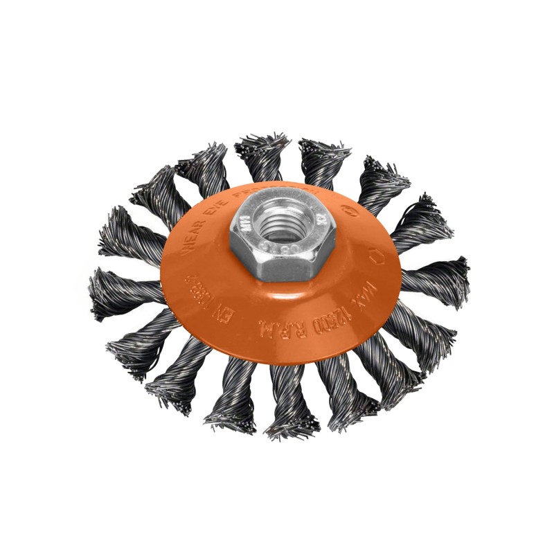 Cepillo Oblicuo Con Alambre De Acero Trenazdo Rosca M14, Ø 100 mm, Alambre de Ø 0,30 mm,