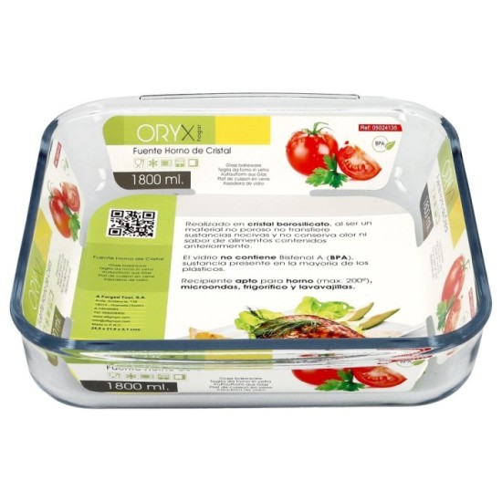 Fuente Horno Cristal Borosilicato Cuadrada 1,8 L, 20,7x20,7 cm, Ideal Meclas, Ensaladas, Postres, Cocina, Resposteria, Libre BPA
