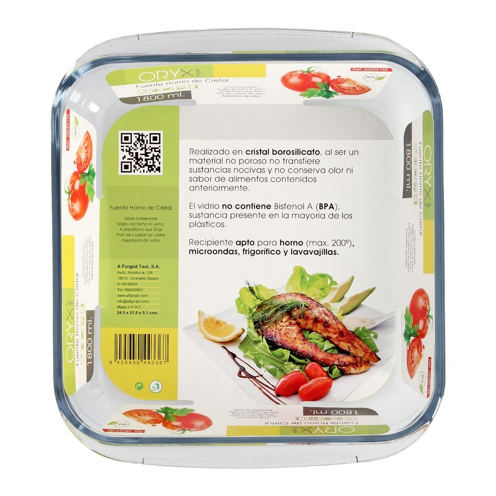 Fuente Horno Cristal Borosilicato Cuadrada 1,8 L, 20,7x20,7 cm, Ideal Meclas, Ensaladas, Postres, Cocina, Resposteria, Libre BPA