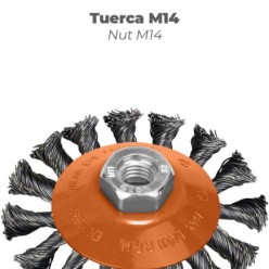 Cepillo Oblicuo Con Alambre De Acero Trenazdo Rosca M14, Ø 100 mm, Alambre de Ø 0,30 mm,