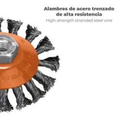 Cepillo Oblicuo Con Alambre De Acero Trenazdo Rosca M14, Ø 100 mm, Alambre de Ø 0,30 mm,