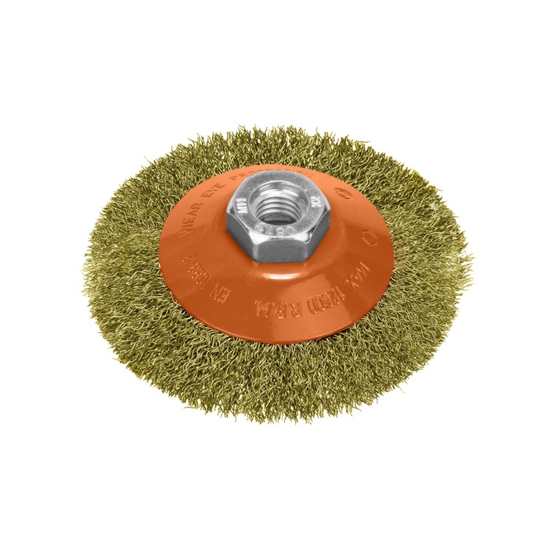 Cepillo Oblicuo Con Alambre De Acero Latonado Rosca M14, Ø 100 mm, Alambre de Ø 0,30 mm,