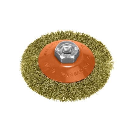 Cepillo Oblicuo Con Alambre De Acero Latonado Rosca M14, Ø 100 mm, Alambre de Ø 0,30 mm,