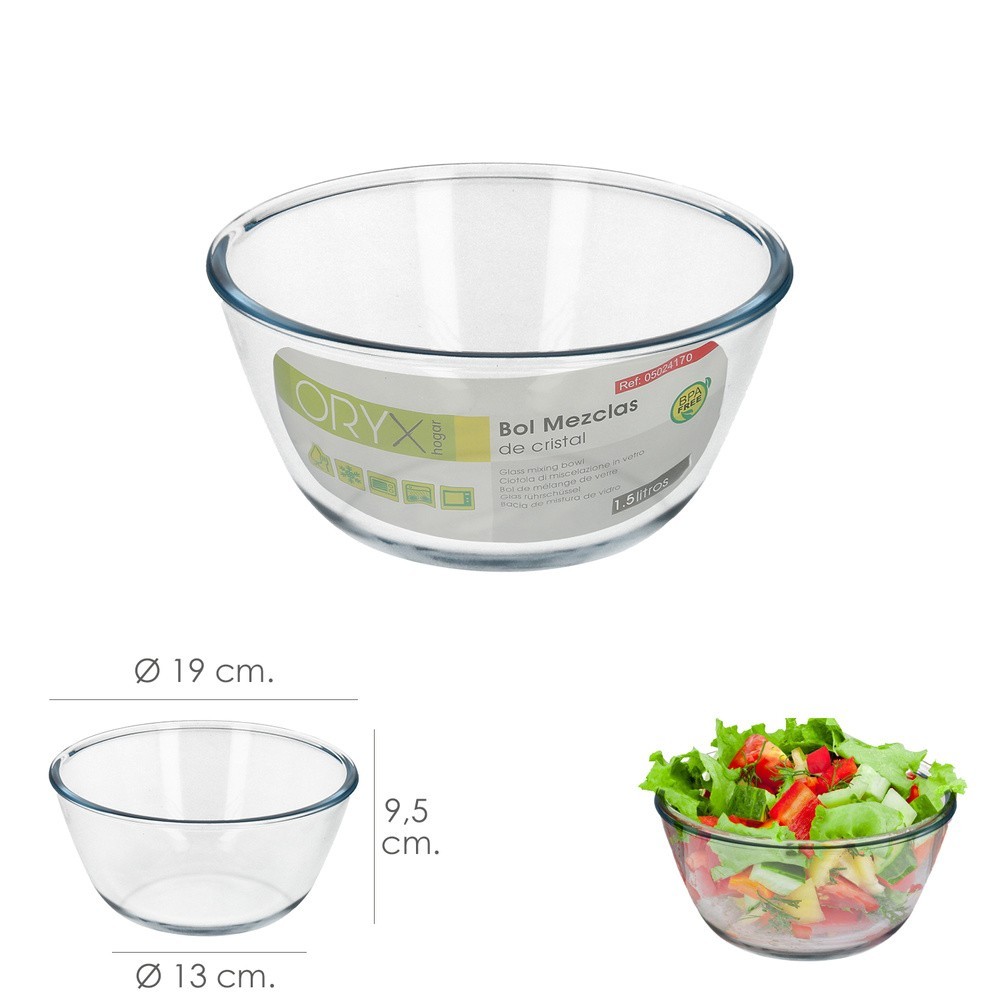 Bol De Cristal, Ideal Para Mezclas, 1,5 Litros, Libre BPA, Cristal De Borosilicato,Ensaladas, Postres, Cocina, Resposteria al po
