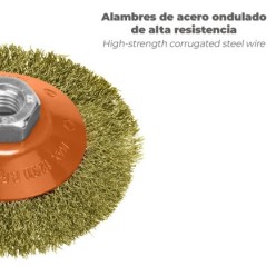 Cepillo Oblicuo Con Alambre De Acero Latonado Rosca M14, Ø 100 mm, Alambre de Ø 0,30 mm,
