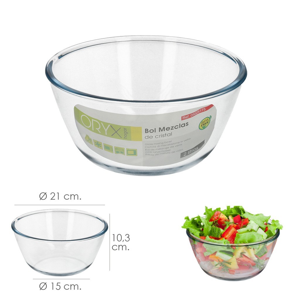 Bol De Cristal, Ideal Para Mezclas, 2,0 Litros, Libre BPA, Cristal De Borosilicato,Ensaladas, Postres, Cocina, Resposteria al po
