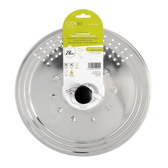 Tapadera Multiusos Acero Inoxidable Ø 28 cm, Uso Tapa Anti Salpicaduras y Escurridor, Tapadera Adpatable Diferentes Medidas al p