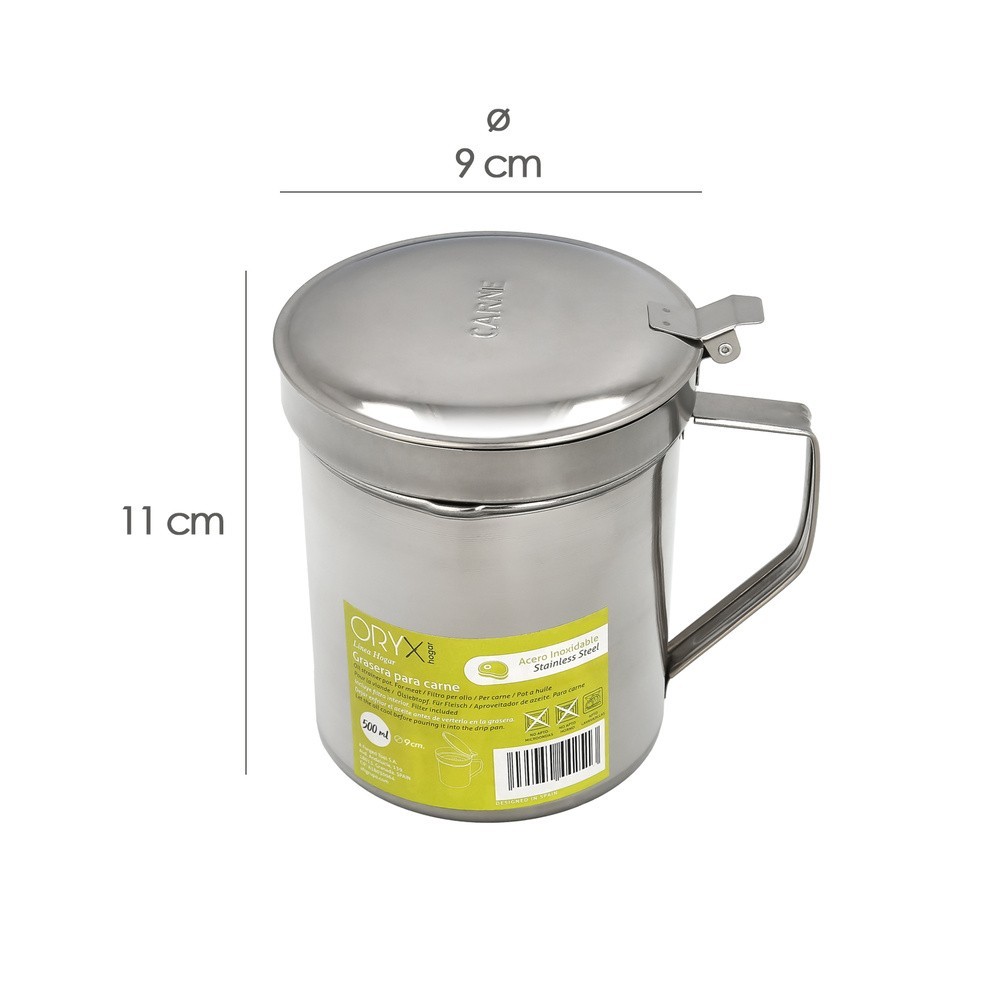 Grasera Acero Inoxidable Para Carne, Aceitera Aceite Usado 0,5 lts, Con Colador y Tapa, Recipiente Reciclaje Aceite Usado Carne 