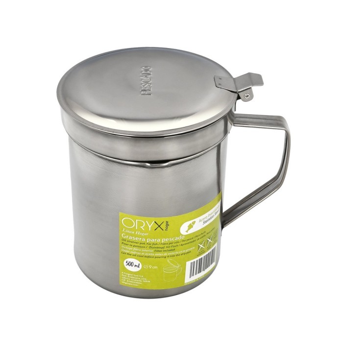 Grasera Acero Inoxidable Para Pescado Aceitera Aceite Usado 0,5 L, Con Colador y Tapa, Recipiente Reciclaje Aceite Usado Pescado