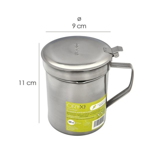 Grasera Acero Inoxidable Para Pescado Aceitera Aceite Usado 0,5 L, Con Colador y Tapa, Recipiente Reciclaje Aceite Usado Pescado
