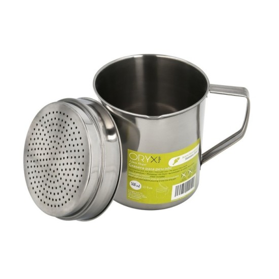Grasera Acero Inoxidable Para Pescado Aceitera Aceite Usado 0,5 L, Con Colador y Tapa, Recipiente Reciclaje Aceite Usado Pescado
