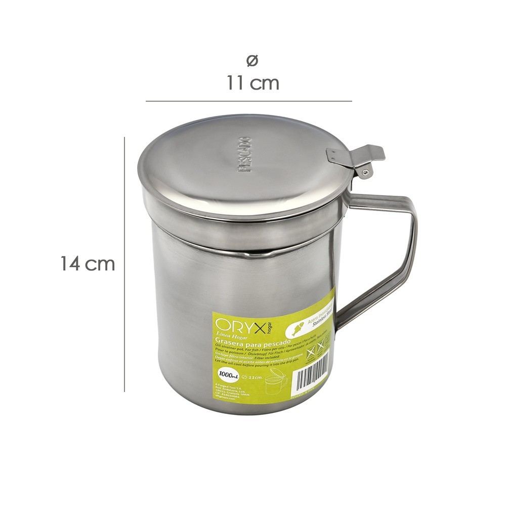 Grasera Acero Inoxidable Para Pescado Aceitera Aceite Usado 1,0 L, Con Colador y Tapa, Recipiente Reciclaje Aceite Usado Pescado