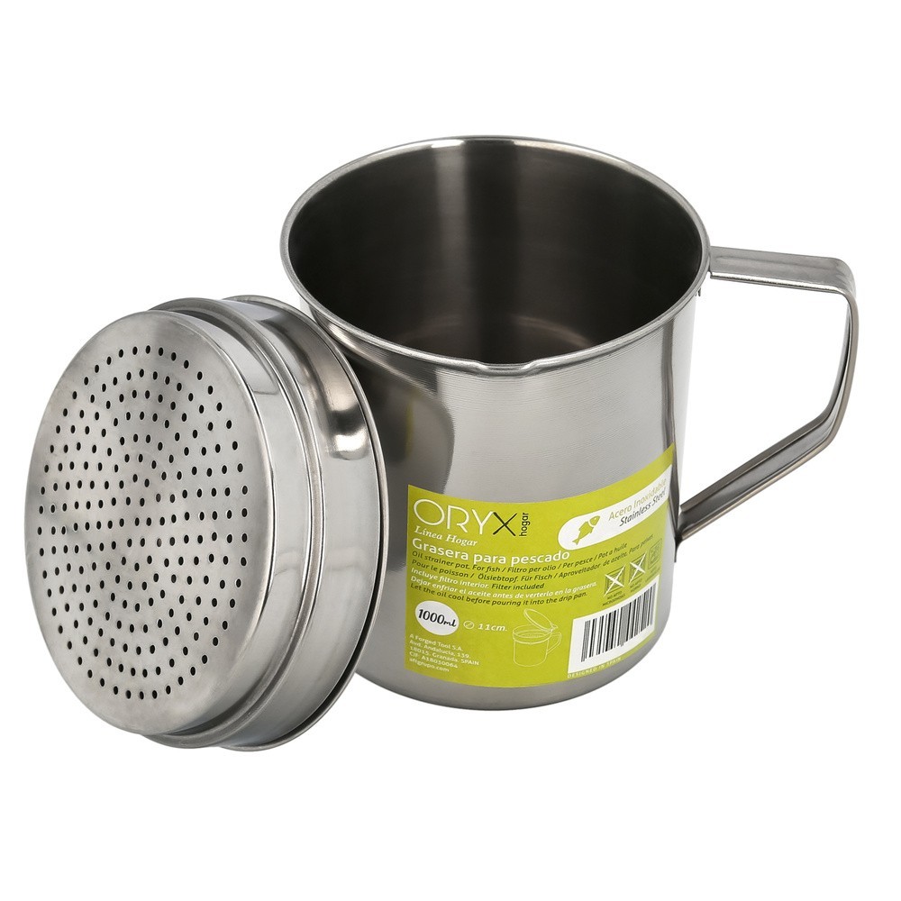 Grasera Acero Inoxidable Para Pescado Aceitera Aceite Usado 1,0 L, Con Colador y Tapa, Recipiente Reciclaje Aceite Usado Pescado