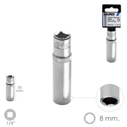 LLave Vaso Larga 1/4" / 8 mm, Hexagonal, / Longitud 50 mm, Realizada en Acero Cromo Vanadio