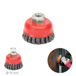 Cepillo Taza Con Alambre De Acero Trenzado Rosca M14, Ø 75 mm, Alambre de Ø 0,50 mm,