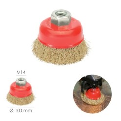 Cepillo Taza Con Alambre De Acero Latonado Rosca M14, Ø 100 mm, Alambre de Ø 0,30 mm,