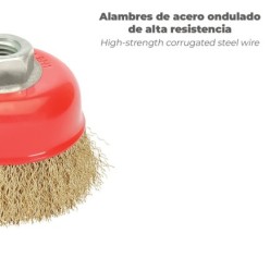 Cepillo Taza Con Alambre De Acero Latonado Rosca M14, Ø 100 mm, Alambre de Ø 0,30 mm,