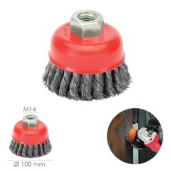 Cepillo Taza Con Alambre De Acero Trenzado Rosca M14, Ø 100 mm, Alambre de Ø 0,50 mm,