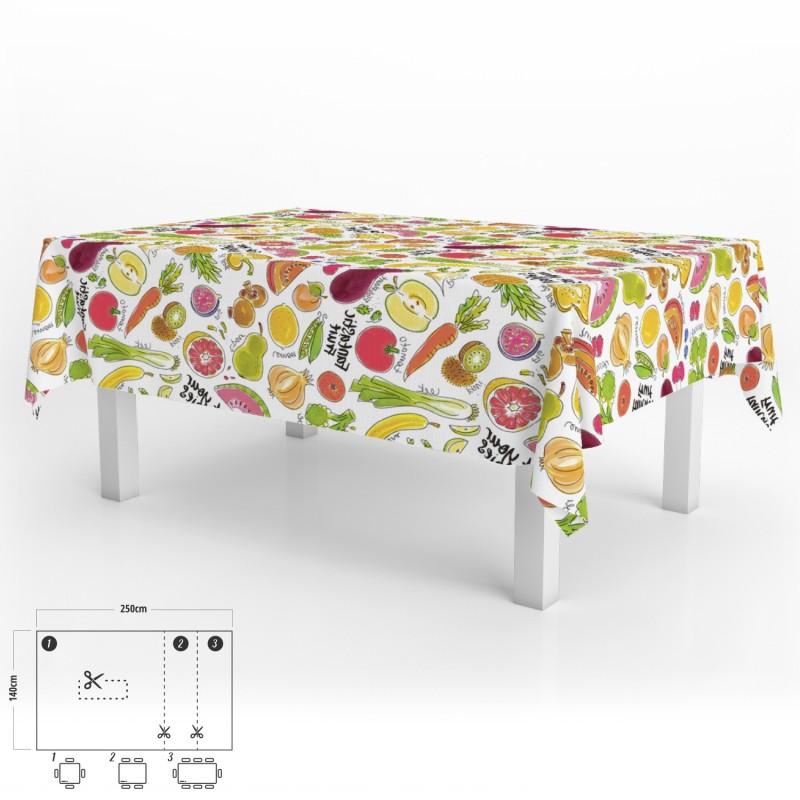 Mantel Hule Rectangular Frutas Fantasia Impermeable Antimanchas PVC 140x250 cm,  Recortable Uso Interior y Exterior