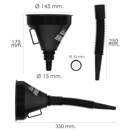Embudo Boca Ancha Ø 145 mm,Con Prolongador Flexible y Filtro Metalico, Embudo gasoil, embudo gasolina, embudo combustible al por