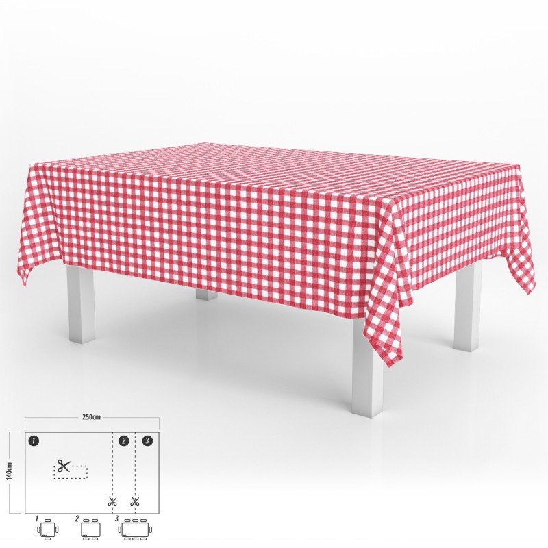 Mantel Hule Rectangular Cuadros Rojos Impermeable Antimanchas PVC 140x250 cm,  Recortable Uso Interior y Exterior