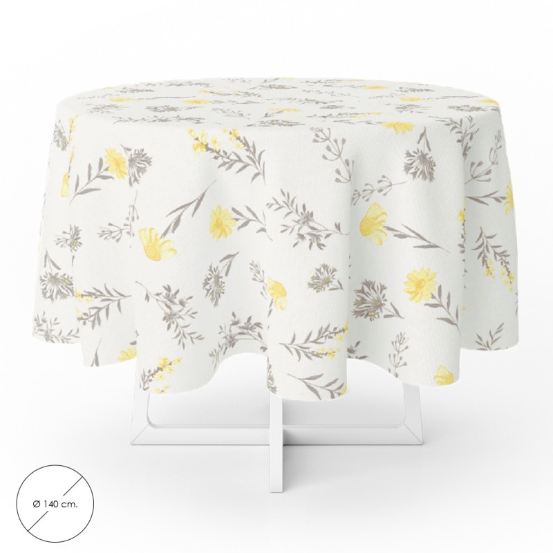 Mantel Hule Redondo Flores Amarillas Impermeable Antimanchas PVC Ø140 cm, Uso Interior y Exterior