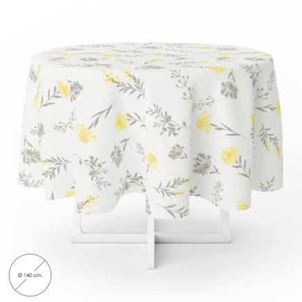 Mantel Hule Redondo Flores Amarillas Impermeable Antimanchas PVC Ø140 cm, Uso Interior y Exterior