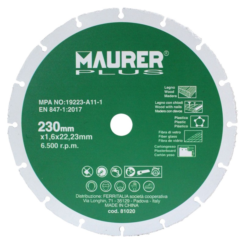 Disco De Corte Para Madera y Plasticos Ø 230 x 1,6 mm,