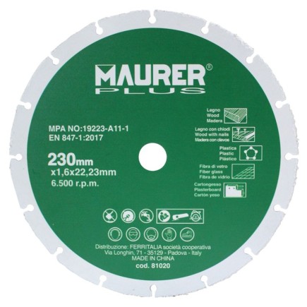 Disco De Corte Para Madera y Plasticos Ø 230 x 1,6 mm,