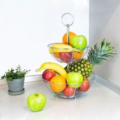 Frutero 2 Niveles, Acero Cromado, Doble Canasta De Rejilla, Ø 30x46 (Alt) cm,