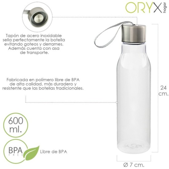 Botella Agua, Capacidad De 600 ML, Plastico Libre BPA, Con Asa, Tapon Acero Inoxidable, al por Mayor | Almacén de Ferretería
