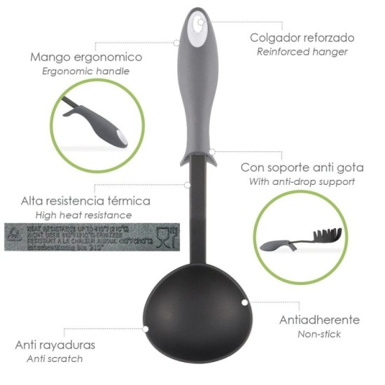 Cucharon Servir Cocina Nylon Con Mango Antigotas Engomado 32 x 9,8 cm, al por Mayor | Almacén de Ferretería