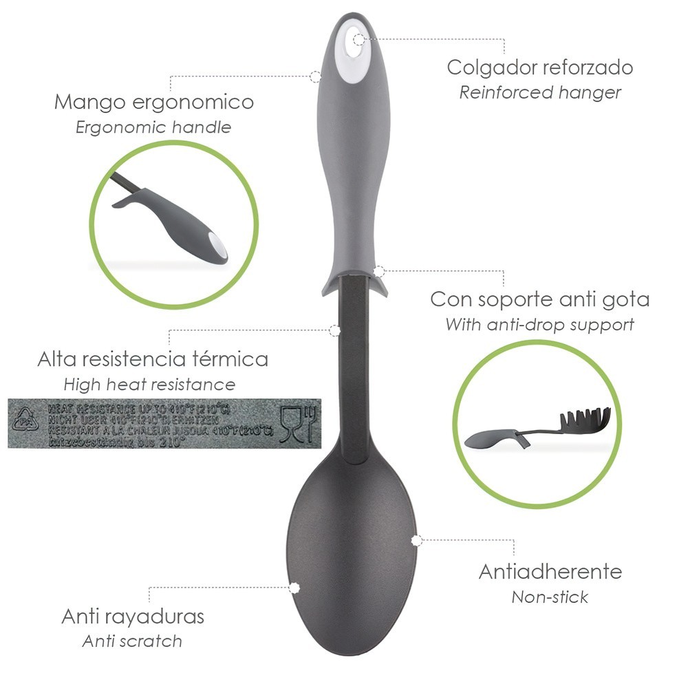 Cuchara Servir Cocina Nylon Con Mango Antigotas Engomado 32,5x6cm al por Mayor | Almacén de Ferretería