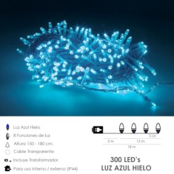 Guirnalda Luces Navidad 300 Leds Color Azul Hielo, Luz Navidad Interiores y Exteriores Ip44, Cable Transparente,