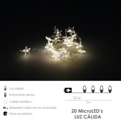 Guirnalda Luces Navidad Estrellas 20 Leds Color Blanco Calido,Luz navidad interiores y exteriores IP44 A Pilas 3AA (No Incluida)