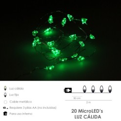 Guirnalda Luces Navidad Arboles 20 Leds Color Verde, Luz navidad interiores IP20 A Pilas 3AA (No Incluida)